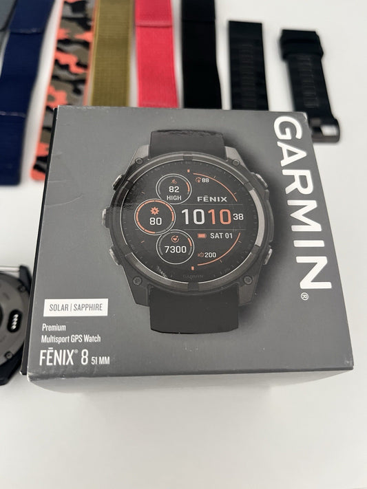 MINT Garmin FENIX 8 51mm Solar Sapphire Titanium Fitness Watch With Extra Bands!