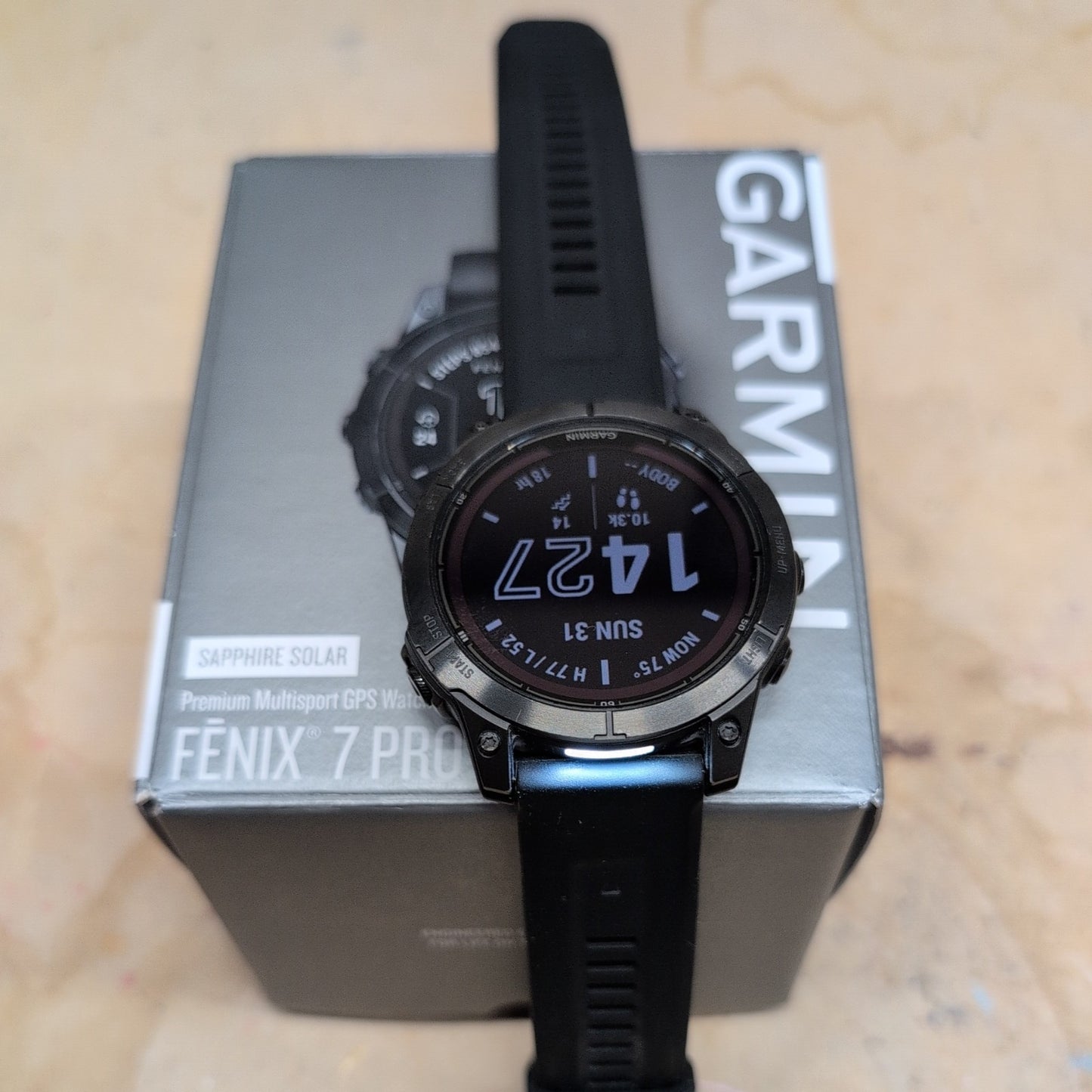 Garmin Fenix 7 Pro Sapphire Solar Carbon Gray DLC Titanium + Black Band Open Box